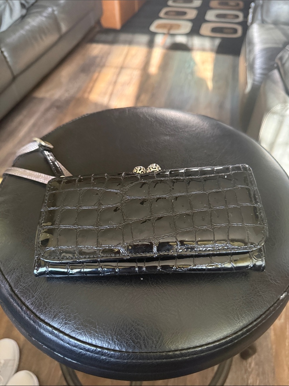 Brighton, Black Croc-Embossed Patent Wristlet Clutch